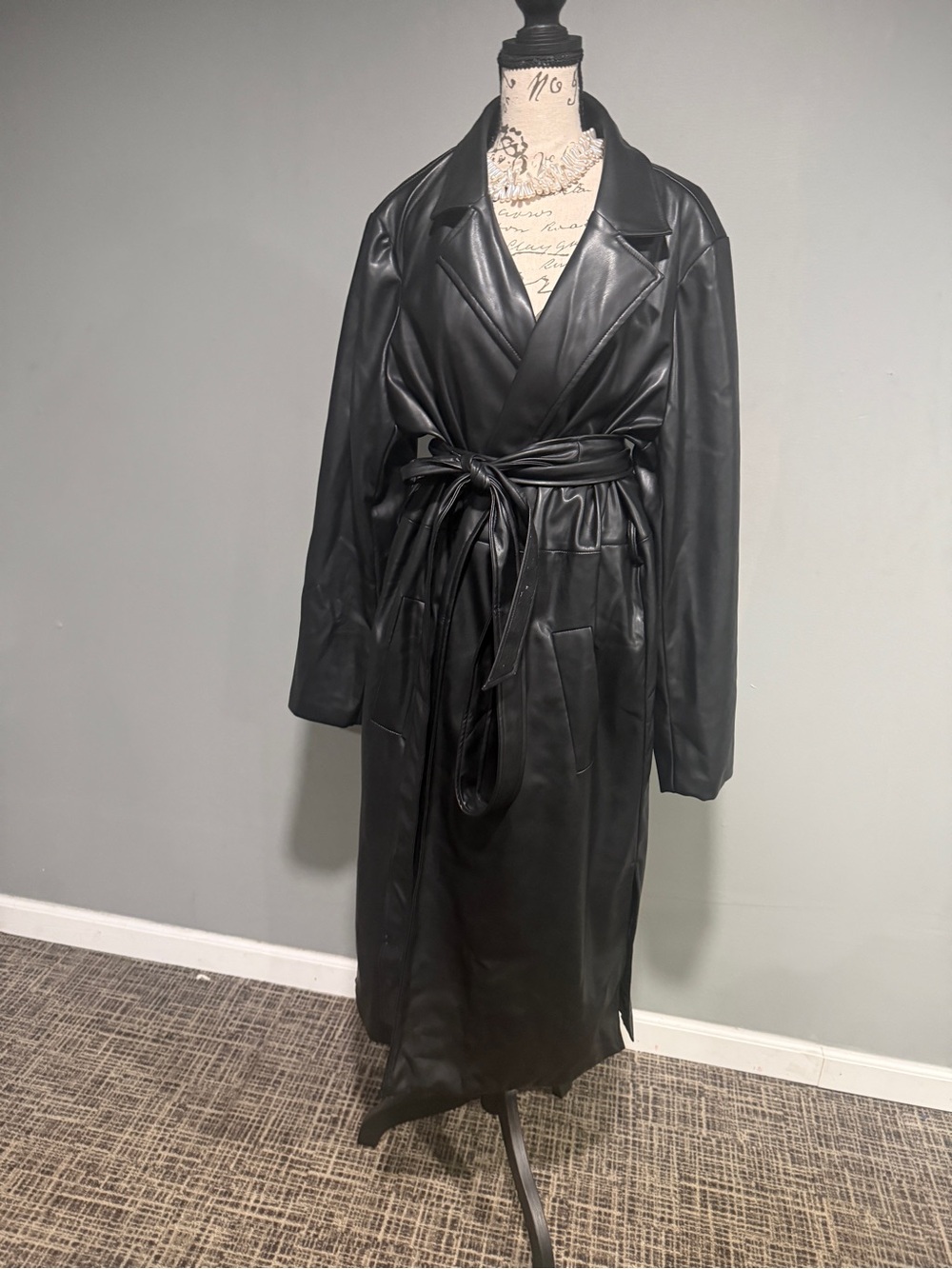 Fashion Nova Black Faux Leather Trench with Tie Belt